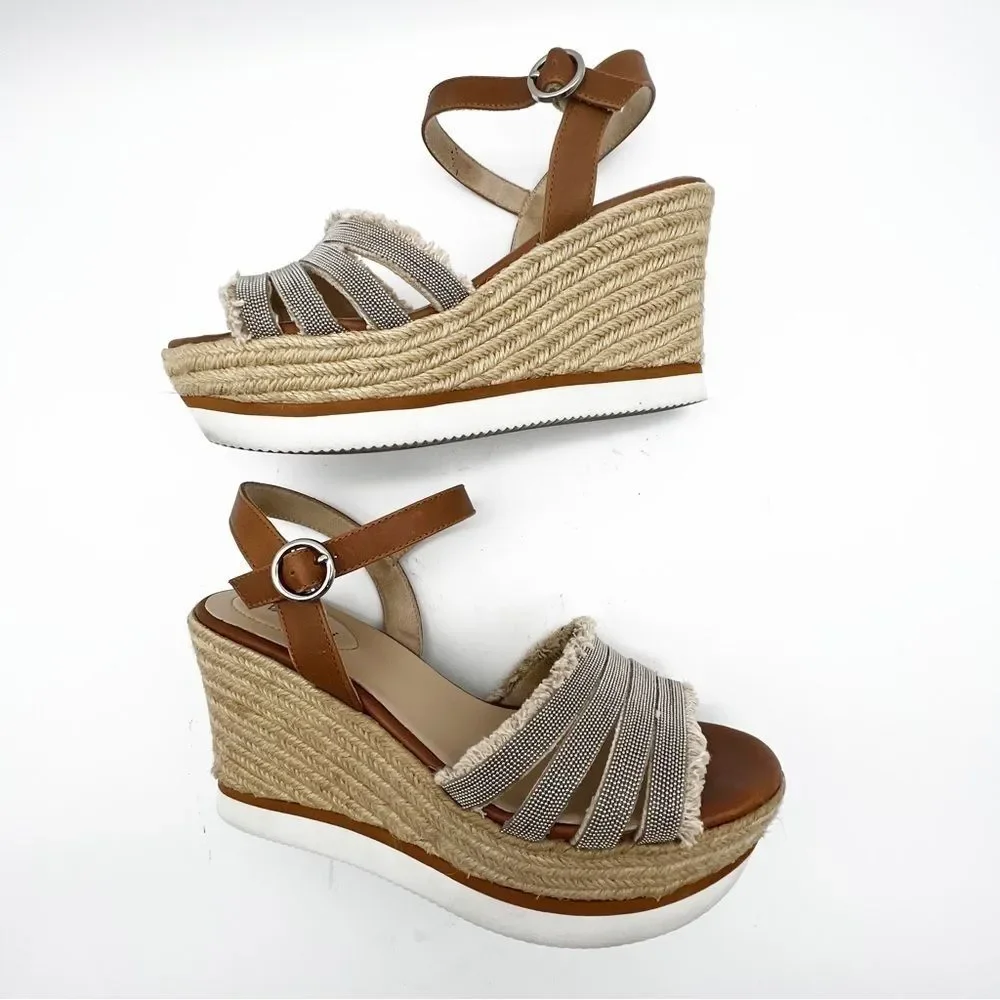 Vaneli Caila Tan Natural Canvas Silver Beaded Espadrille Wedge Boho Sandal 9.5